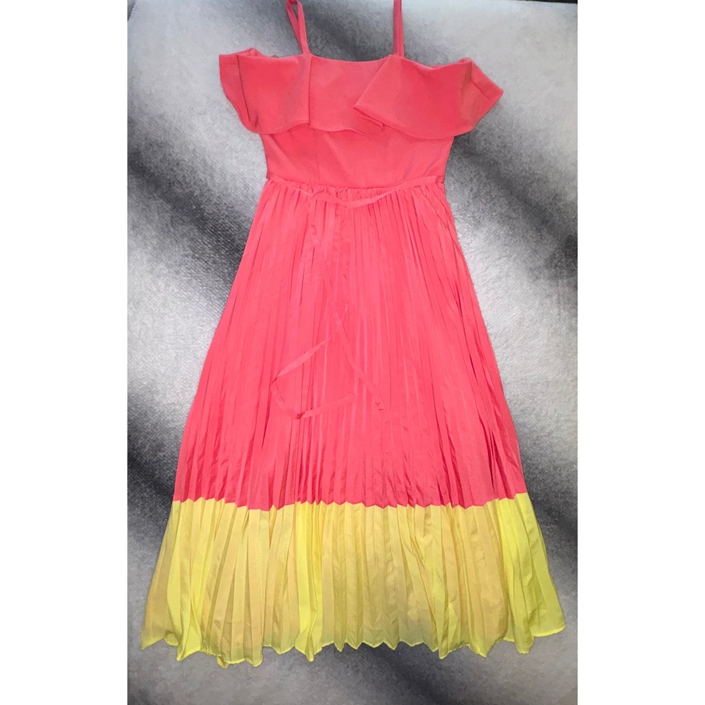 Rare Editions Girls Pink Yellow Pleated‎ Colorblock Cold Shoulder Maxi Dress 14